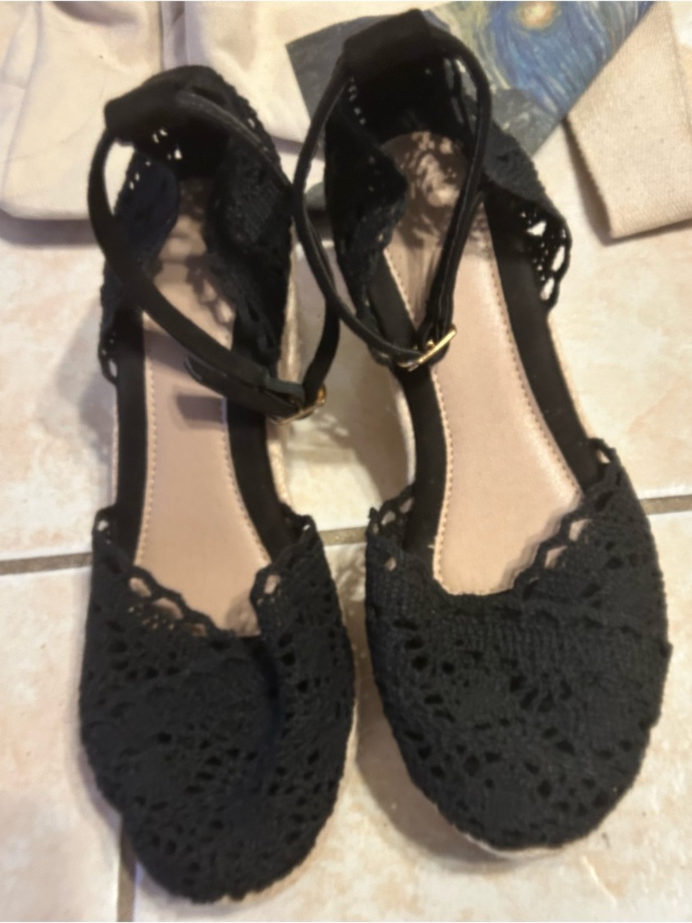 Black Crochet  Espadrille Wedge Sandals With An Ankle Strap. Size 7.